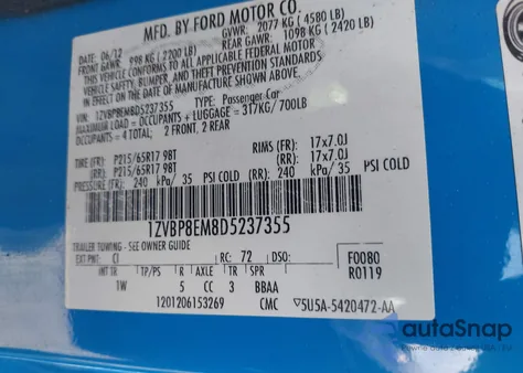 2013 Ford Mustang V6 из США, поврежденный, VIN 1ZVBP8EM8D5237355